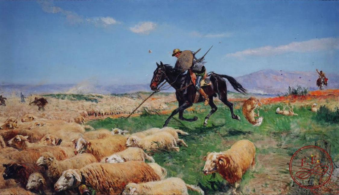 Don-Quijote-de-la-Mancha-enfrentándose-al-rebaño-1930-José-Moreno-Carbonero-Málaga-1860-–-Madrid-1942